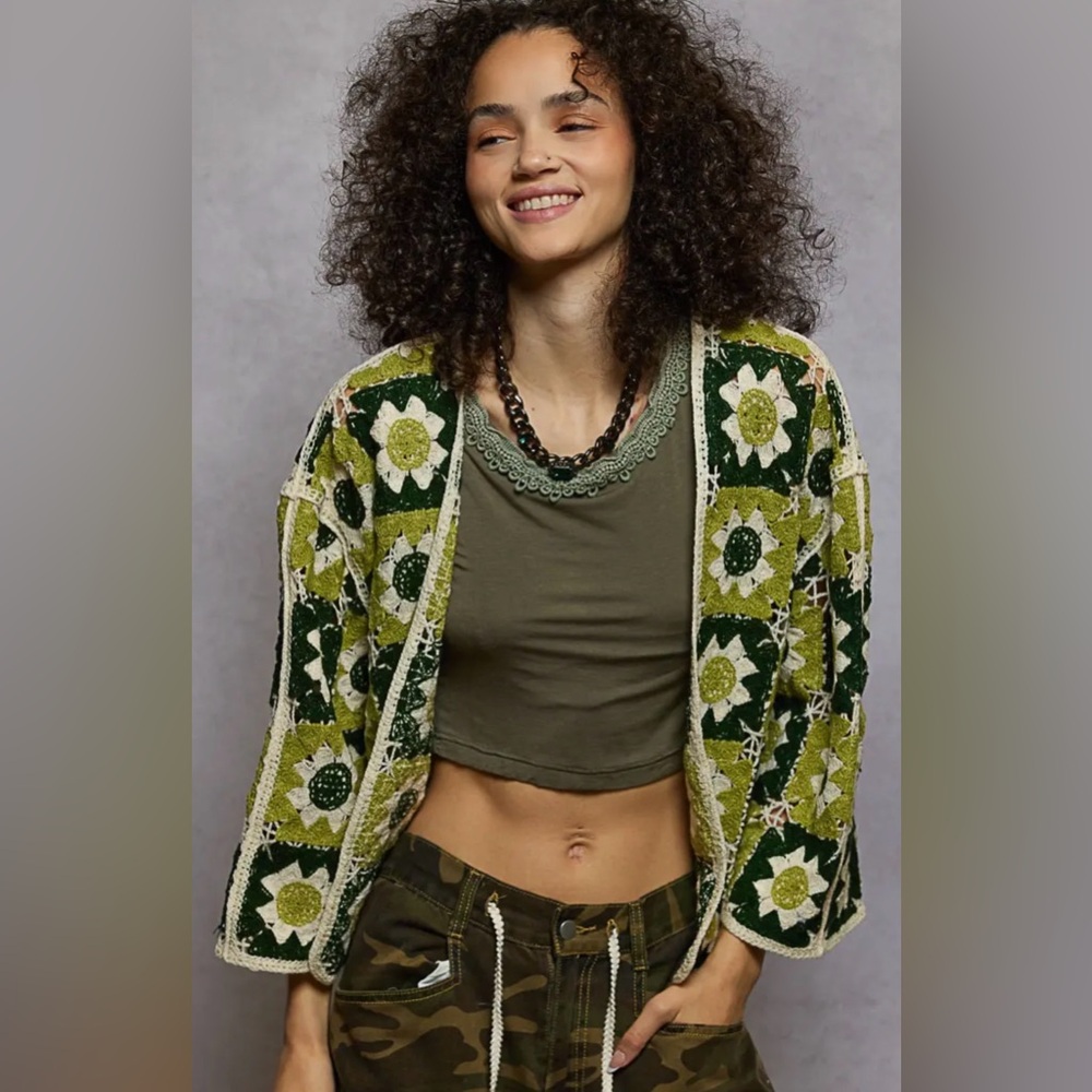 NEW POL Granny Crochet Boho Open Cardigan Olive Multi 3/4 Sleeve Festival OS - Picture 2 of 5